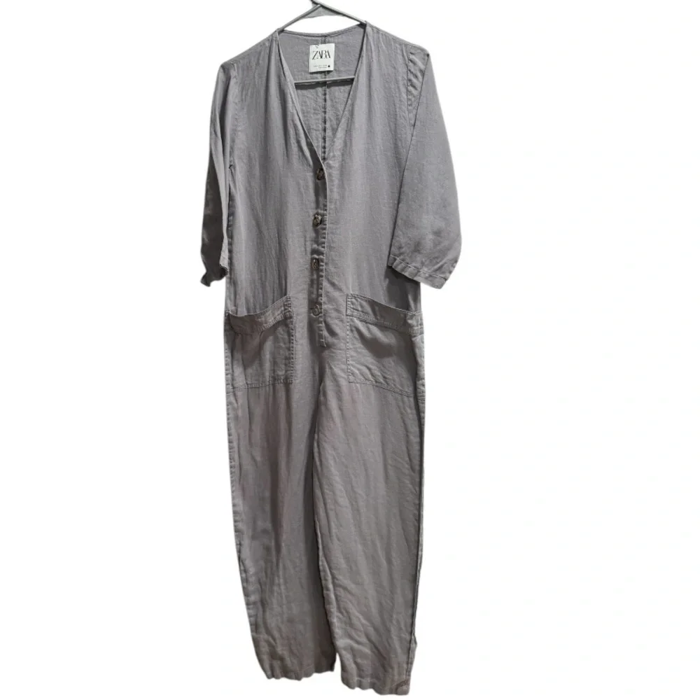 Zara Gray Lillian Linen‎ Jumpsuit,  Utility Button Up, size Small